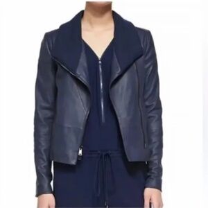 Vince Navy Blue Goat Leather Bikercore Old Money Knit Collar Moto Jacket Size M
